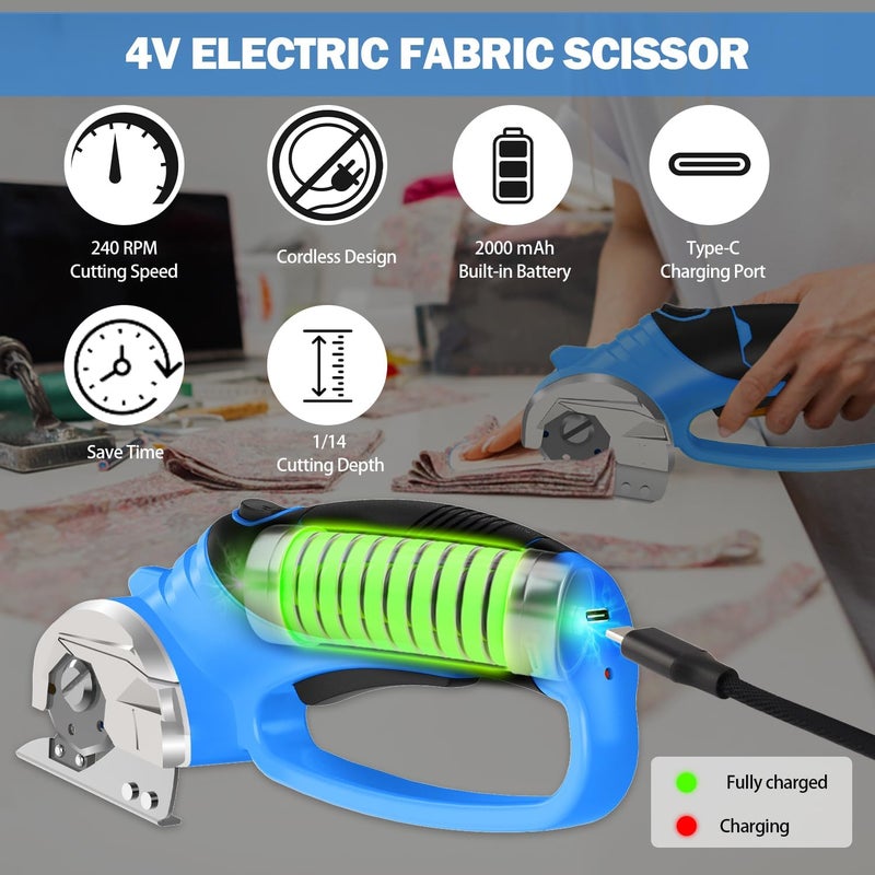 Pratuor Cordless Electric Scissors, 4V Box Cutter & Cardboard Cutter with Upgrade Blade, LED Light, Safety Lock - Rechargeable Rotary Cutter for Fabric, Leather, Plastic, Crafting, Sewing, Industrial (Blue) - Image 3